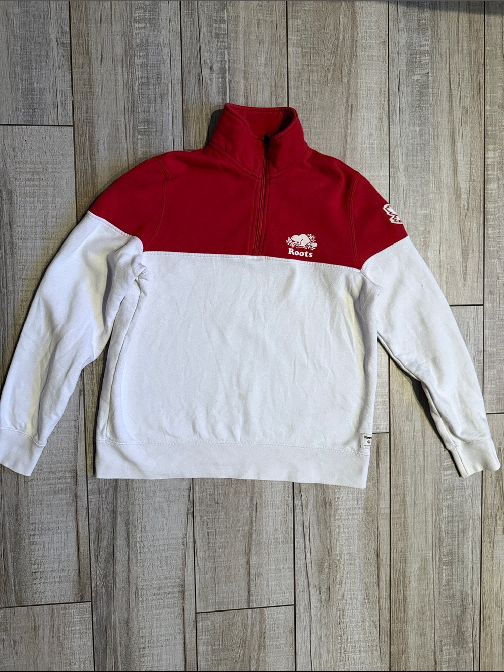 Roots Canada Lake Louise Red White 1/4 Zip Sweatshirt Hoodie Large (Medium Fit)